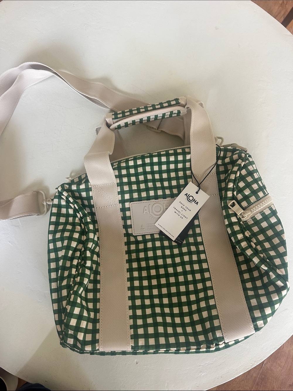 ALOHAS Green Gingham Tote with Cream Straps